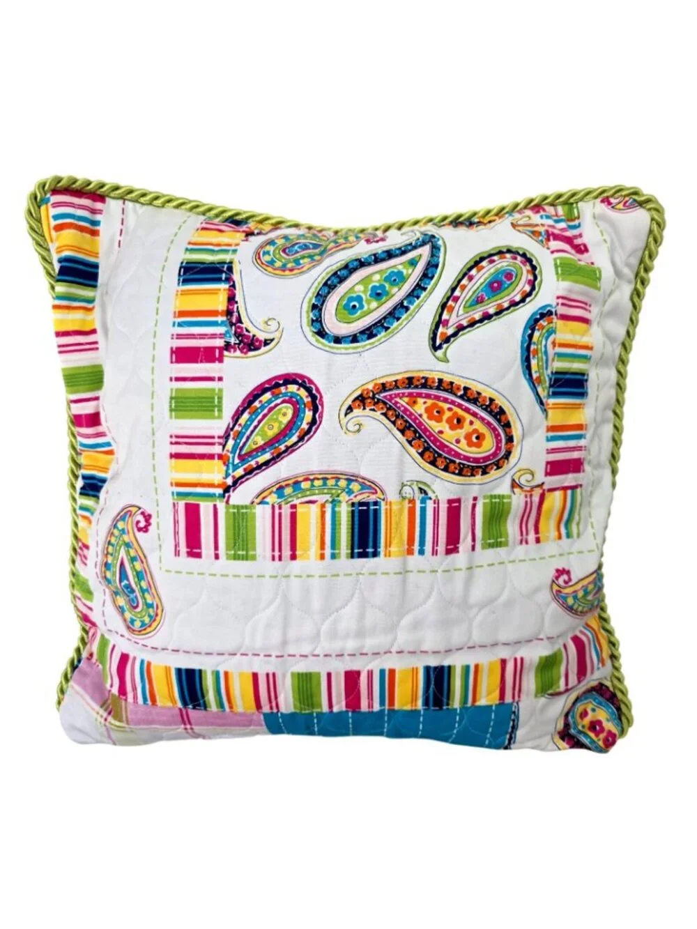 Handmade Quilted Pillow Cover 18x18 Boho Pink Paisley Green Rope Trim Zipper NEW